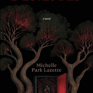 A woman in a gown stands at an entrance flanked with a red door and spooky trees